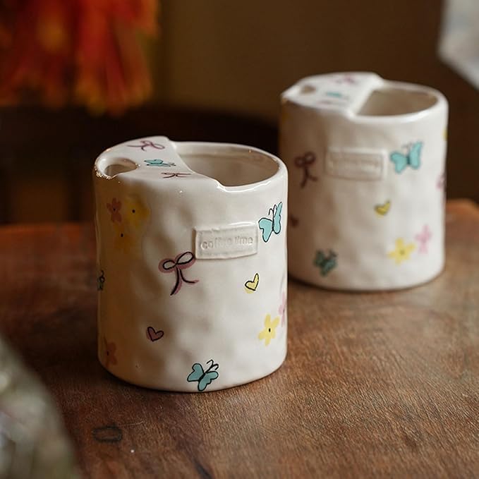 Ceramic Coffee 10oz Mug Hand-Painted Espresso Cup，Retro Ceramic Travel Mug For Kitchen, Dining-Green，Microwave Safe (Colorful Butterflies)