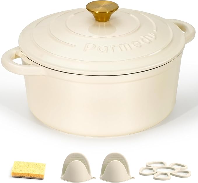 Parmedu 5.5QT Enameled Cast Iron Dutch Oven with Lid, Cream White Heavy Duty Pot for Sourdough, Bread Baking, Soup, Stews & Roasting with Recipe, Heat-Resistant Grips, Potholder, Cleaning Sponge