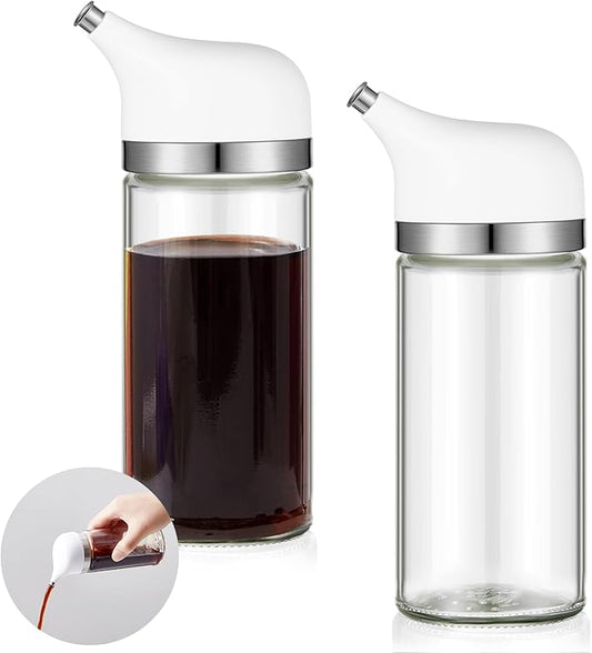 2 Pcs Cruet Dispenser Set 6 oz, White Glass Soy Sauce Dispenser, Small Olive Oil and Vinegar Bottles, Soy Sauce Bottle, Non Drip Spout Cruet Bottle Container for Kitchen Cooking
