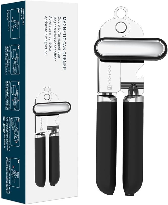 KITCHENDAO Manual Can Opener, Super Sharp Sandvik 12C27 Blade, Handheld Can Opener with Magnet, Smooth Edge Cut, Soft Grip, Oversized Knob for Seniors & Arthritis, Easy to Use, Black