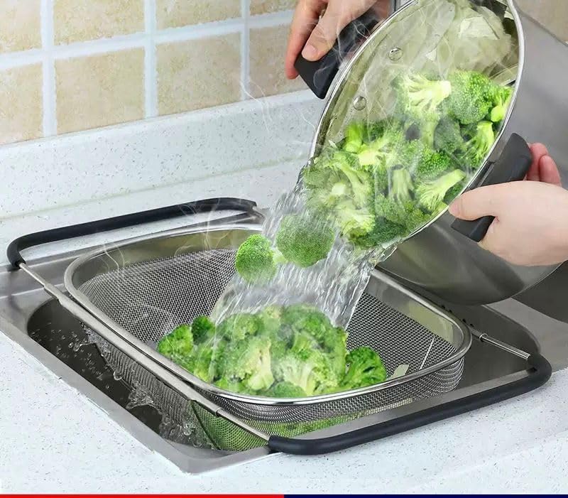 NikLye Stainless Steel Over the Sink Colander Basket with Expandable Handles, 6 Quart Fine Mesh Strainer for Pasta, Vegetables and Rice