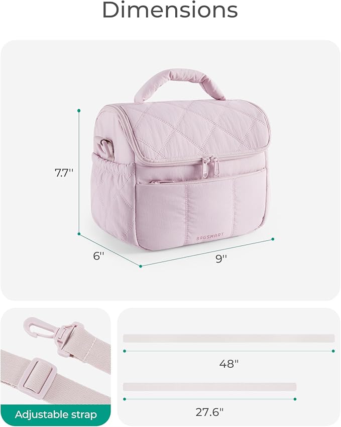 BAGSMART Insulated Lunch Bags for Women, Cute Quilted Lunch Box, Lightweight Puffy Padded Waterproof Lunch Tote, Reusable Lunch Cooler for Work Picnic Travel, Dark Pink