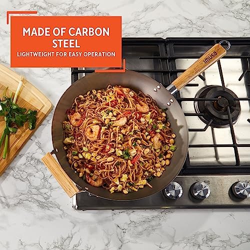 IMUSA 14 Inch Carbon Steel Wok with Wood Handles for Noodles