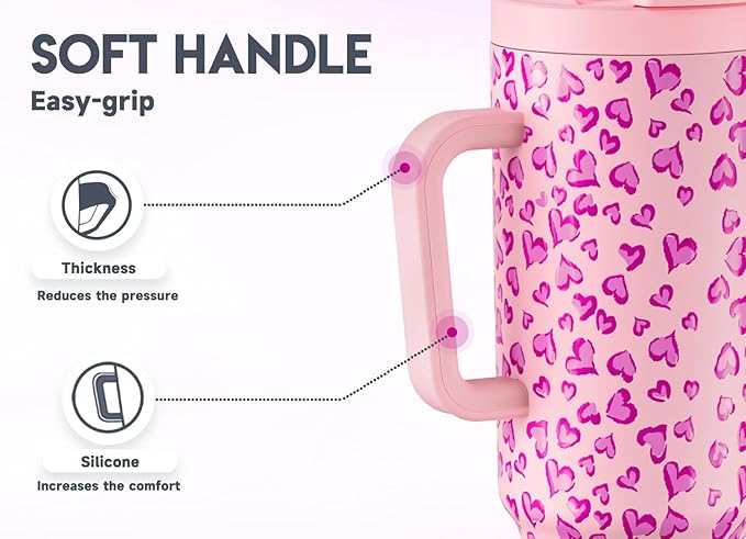 Meoky 40 oz Tumbler with Handle and Flip Straw, 100% Leakproof Tumbler with Lid and Straw, Stainless Steel Insulated Cup, Cupholder Friendly, Keeps Cold for 34 Hours (Love)