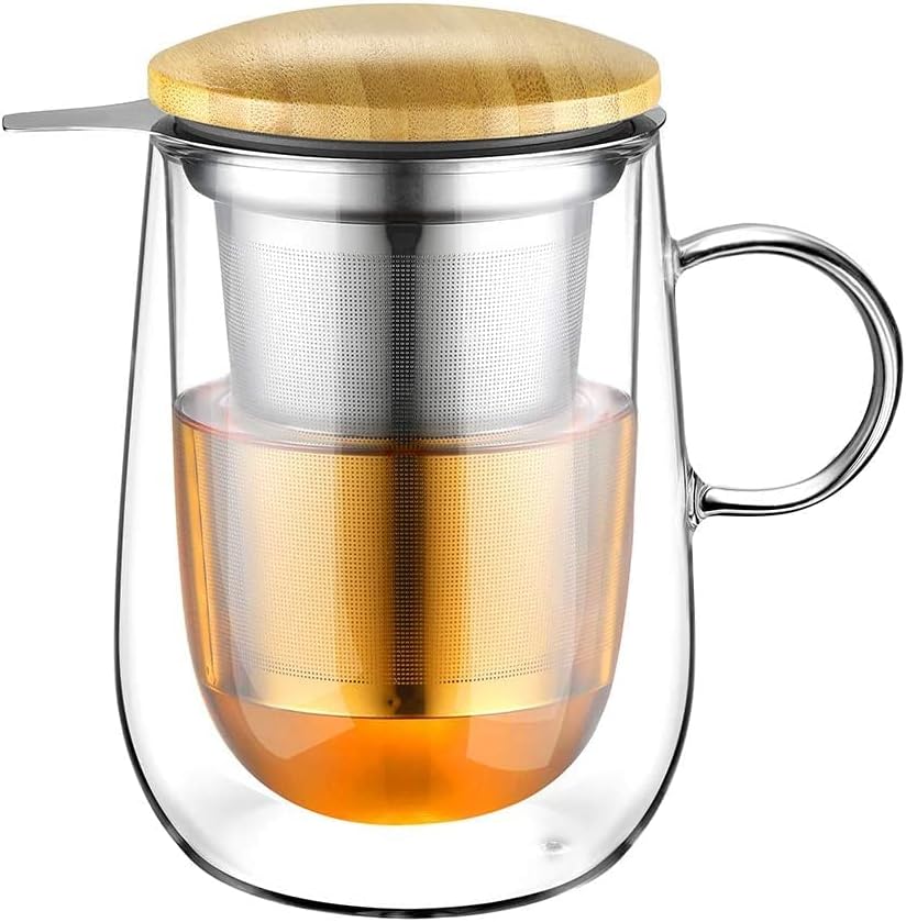 glastal Double Wall Tea Infuser Mug with Infuser 14.5oz for Loose Leaf Tea