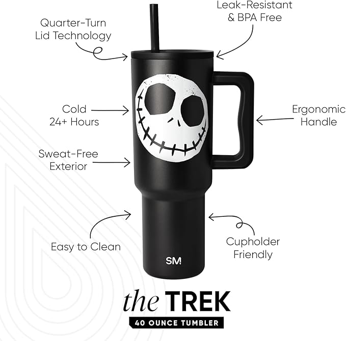Simple Modern Halloween 40 oz Trek Tumbler with Handle and Straw Lid | Nightmare Before Christmas Cup Holder Friendly Insulated Stainless Steel Travel Mug | Skellington Head