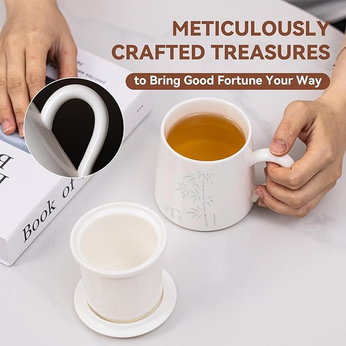 Ceramic Tea Mug with Infuser & Lid - 10.6oz Handcrafted Translucent Cup, Loose Leaf Tea Cup with Infuser, Insulated Ceramic Coffee Mugs with Lid，Perfect Gift Set for Women/Men