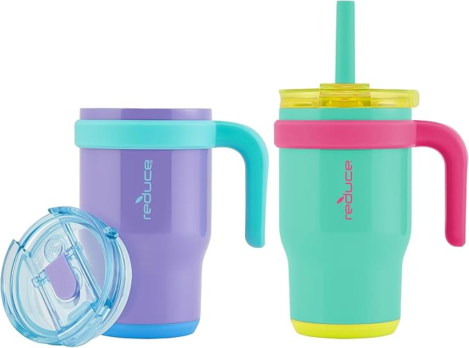 REDUCE 14 oz Coldee Tumbler with Handle for Kids - 2 Pack, Leakproof Insulated Stainless Steel Mug with Lid & Spill-Proof Straw, Keeps Drinks Cold up to 18 Hrs, Purple and Teal