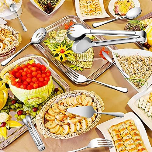 12 PCS Stainless Steel Serving Utensils, Large Spoons Slotted Spoons Forks Tongs, Ice Suger Tongs, Pie Server, Butter Knife, Coffee Spoons, Great for Buffet Catering Banquet Party, Silver