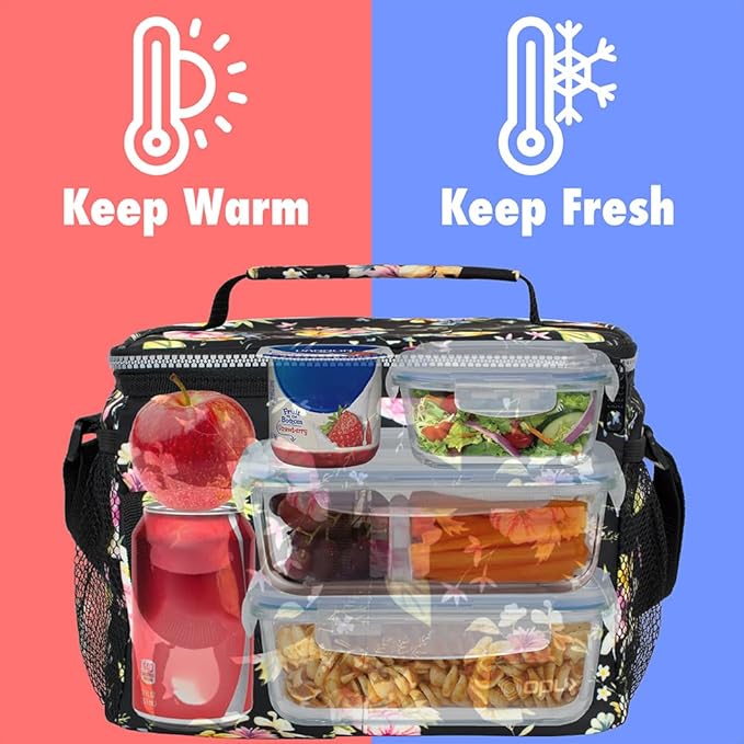opux Insulated Lunch Bag for Men Women, Leakproof Floral Black Lunch Box for Work, Portable Soft Lunch Cooler Bag with Shoulder Strap, Adult Lunchbox Lunch Pail for Kid Boy Girl School, 14 Can/8L
