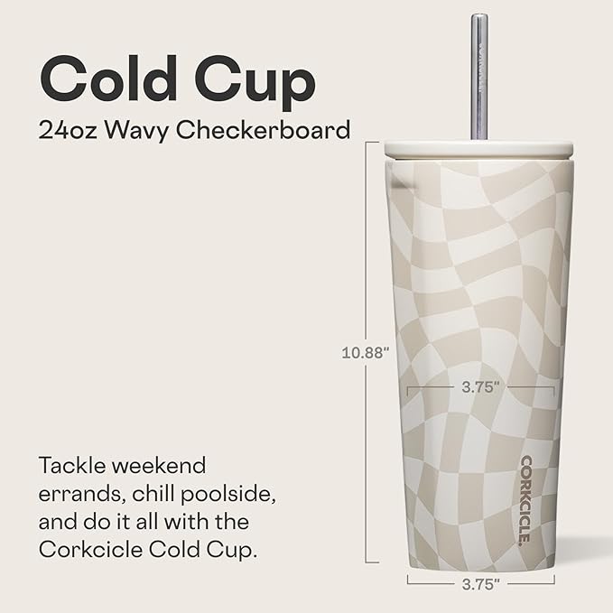 Corkcicle Cold Cup - Triple Insulated Tumbler with Straw - 12 Hours Cold - Leak-Resistant Lid - Easy Grip - Non-Slip Bottom - Summer Drinkware Gift - Keeps Drinks Ice Cold - 24 oz - Wavy Checkerboard