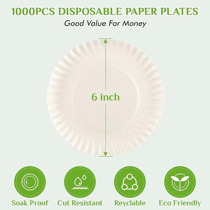 FOCUSLINE 6 Inch Paper Plates 1000 Count, White Paper Plates Uncoated, Everyday Disposable Dessert Plate 6" Small Plate Bulk 1000 Count