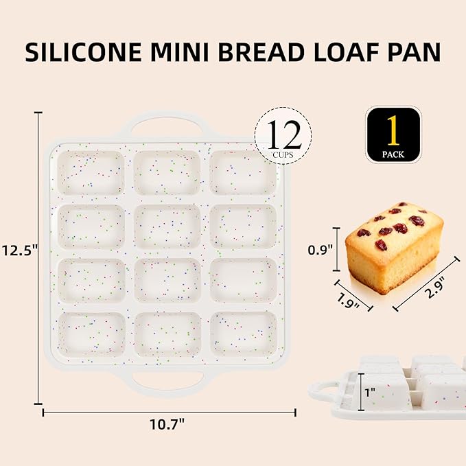 FUNBAKY Silicone Mini Loaf Pans with Metal Reinforced Frame,12-Cavity Nonstick Mini bread loaf pans for Baking Cornbread,Bread,Brownie,Cheesecake -1Pc