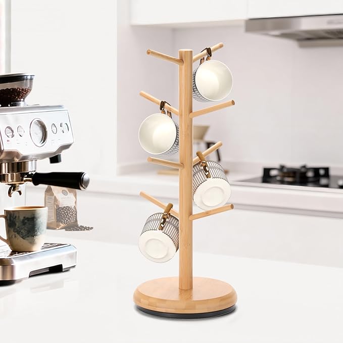 BAMBANG Mug Holder Tree, 360° Rotating 8 Hooks Coffee Cup Holder for Counter Top, Bamboo Coffee Mug Rack Stand for Kitchen Countertop Home, Natural