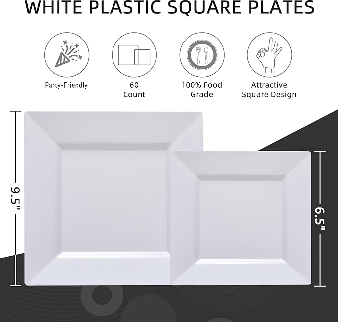 N9R 60PCS White Square Plastic Plates, 30 Dinner & 30 Dessert Plates Heavy Duty, Fancy Disposable Plates for Party, Wedding and other Events