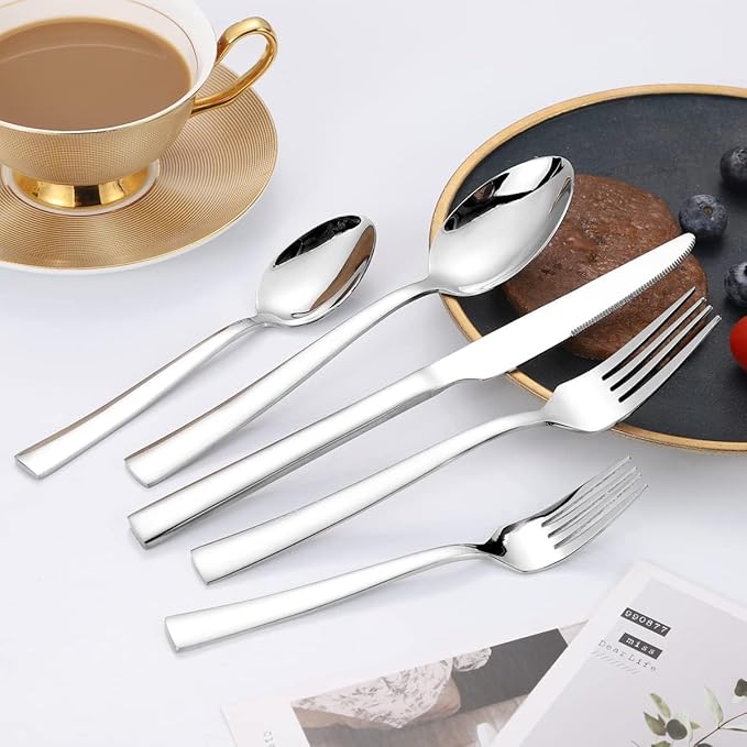 Silverware Set for 2, CXJY 10-Piece Stainless Steel Flatware Cutlery Set, Square Edge Kitchen Utensil Include Knives/Forks/Spoons, Tableware for Home/Hotel, Mirror Polished Dishwasher Safe