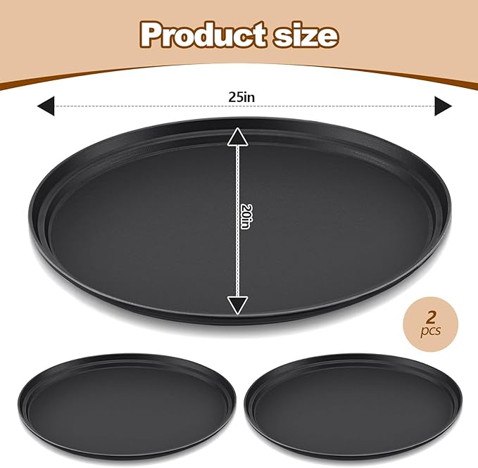 2 Pcs Restaurant Serving Trays PP Plastic Non Slip Rubber Lined Large Oval Tray for Kitchen Dining Room Cafeterias Fast Food Service (25 x 20 Inch,Black)