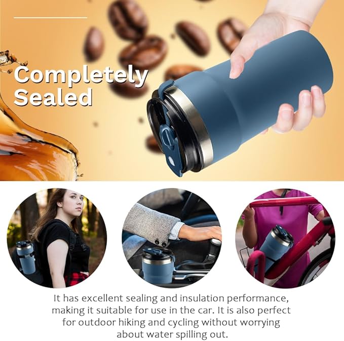 Travel Coffee Mugs Leak-Proof, Reusable Coffee Cups with Lids, Stainless Steel Vacuum Insulated Coffee Tumblers, Thermal Insulation Cups for Men and Women Hot & Cold Drinks(4th-Blue, 16OZ)
