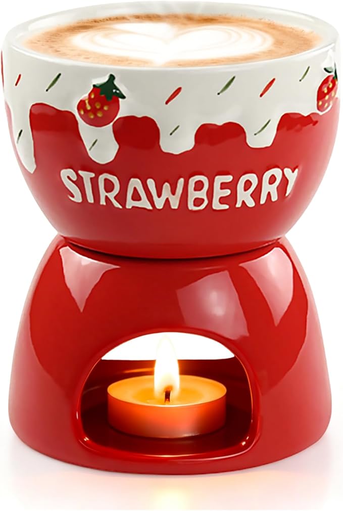 Mini Sweet Fondue Cup, Ceramic Chocolate Melting Pot and Stove Set of 2, Coffee Warmer Mug, Portable for Cheese, Butter Melting Dipping Tool for Marshmallows/Fruits for Camping/Date/Movie Night/Party