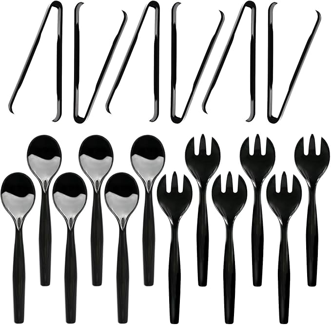 Party Essentials Disposable Heavy Duty Plastic Serving Utensils for Buffets Events Parties, 6-Sets of Spoons/Forks/Tongs, Black