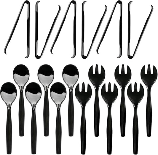 Party Essentials Disposable Heavy Duty Plastic Serving Utensils for Buffets Events Parties, 6-Sets of Spoons/Forks/Tongs, Black