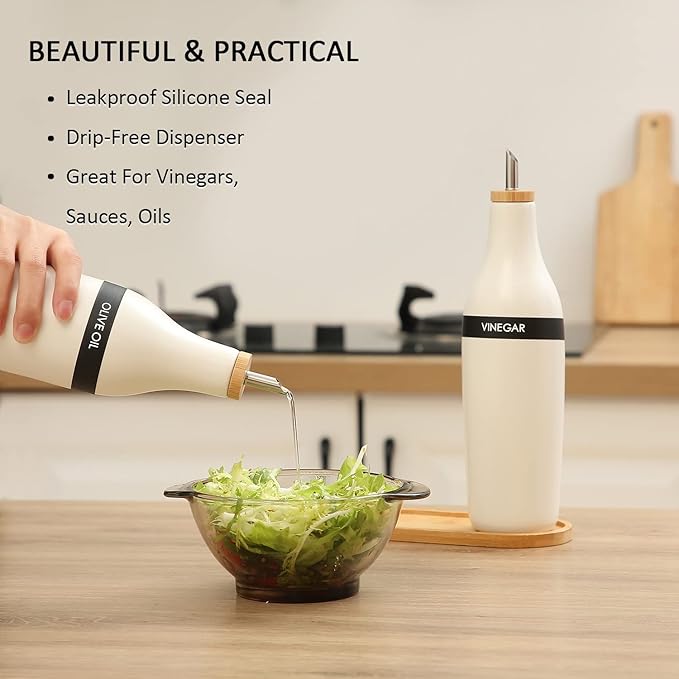 HOMCDALY Olive Oil and Vinegar Dispenser Set, Two 16oz Ceramic Oil Dispenser for Kitchen, Kitchen Dispenser Bottle for EVOO Vinegar Syrups, Modern Farmhouse Design| Set of 2 – white