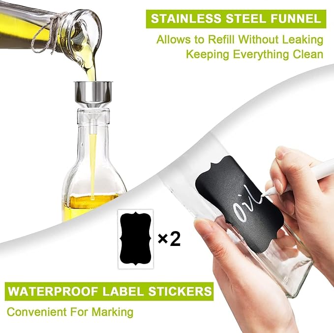 Olive Oil Dispenser Bottle, Vinegar Cruet Bottle 17oz/500 ml, Square Tall Glass Oil Container with 2 Stainless Steel Pourers, 4 Labels,1 Brush and 1 Funnel Oil Bottles for Kitchen(2 Set)