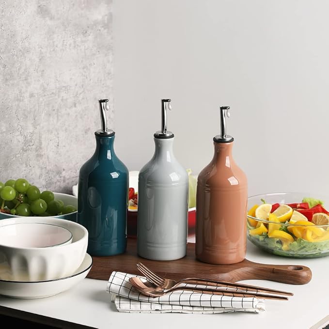 Sweejar Ceramic Olive Oil Dispenser Bottle, Opaque Oil Cruet Protects to Reduce Oxidation, Suitable for Storage Vinegar, Coffee Syrups & Other Liquids, Pack of 1, 15.5 Fl Oz(Gray)