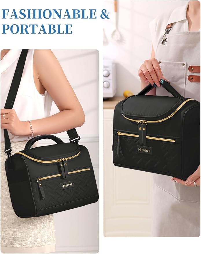 Lunch Bag for Women Men Adult Insulated Lunch Box, Leakproof Lunch Cooler Bag with Front Pocket & Adjustable Shoulder Strap, Reusable Large Lunch Tote Bag for Work Office Travel Picnic, Black