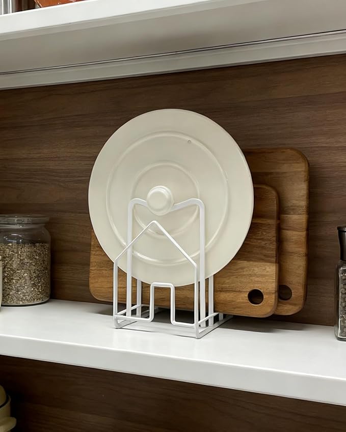 SUNFICON 2 Pack White Cutting Board Holder Rack Pot Pan Lids Holder Chopping Board Organizer Thin Bakeware Tray Dry Display Stand Kitchen Countertop Cabinet Office