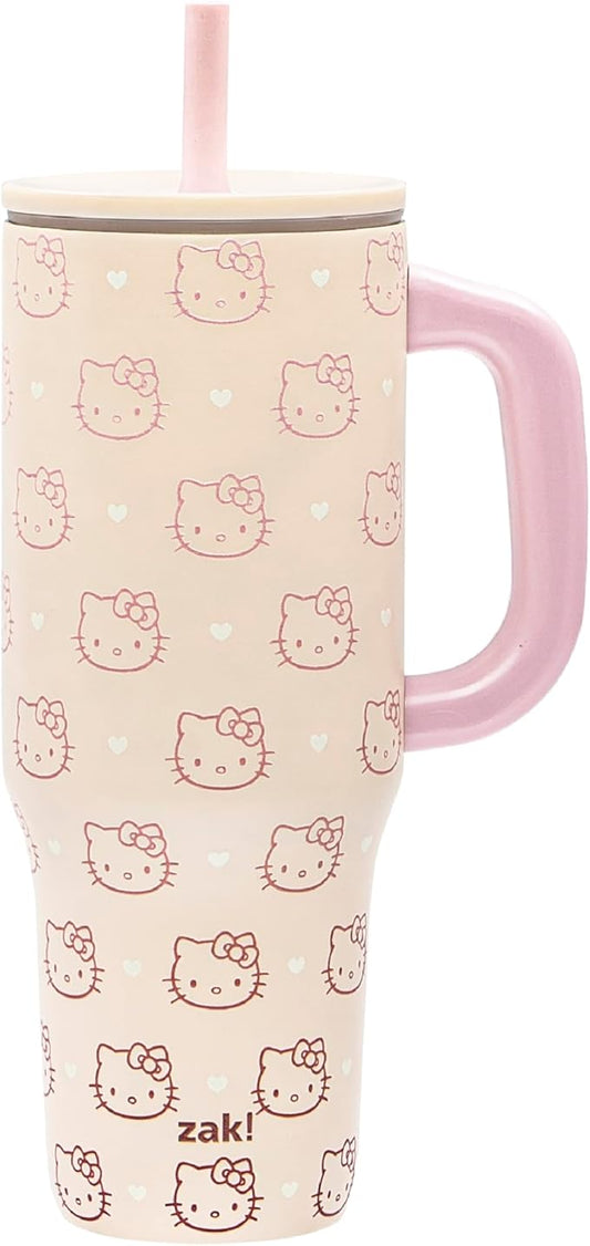 Zak Designs Sanrio Sutton Travel Tumbler for On the Go or At Home, 40oz Stainless Steel with Vacuum Insulation, Silicone Straw, and Carry Handle for Cold Drinks (Hello Kitty)