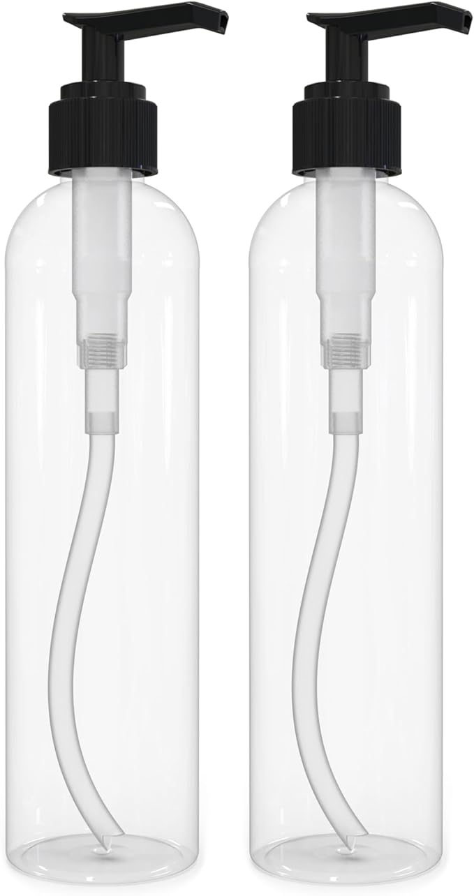 BRIGHTFROM Lotion Pump Bottles, Empty 8 OZ, BPA-Free Refillable Plastic Containers, Clear with Black Dispenser for - Soap, Shampoo, Lotions, Liquid Body Soap, Creams and Massage Oil (2 Pack)
