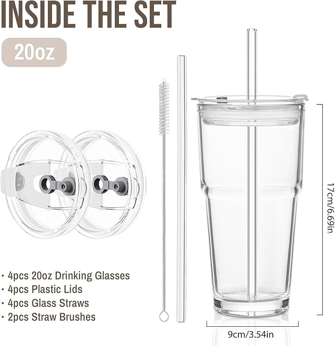 20oz Glass Tumbler with Lid and Glass Straw –Set of 4, Clear Reusable Iced Coffee Cup, Drinking Glass for Coffee, Tea, Juice, Smoothies – Durable & Elegant Glassware