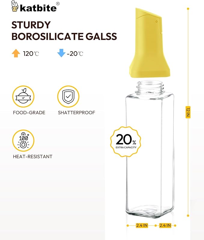 katbite 16oz Glass Olive Oil Dispenser Bottle for Kitchen Cooking - Leakproof Kitchen Essential with Precise Pouring Spout for Salad, Air Fryer, BBQ, Non-Stick Pans, Easy Refill and Use, Yellow