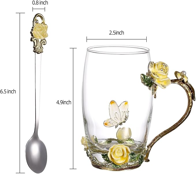 SUQ I OME Enamel Rose and Butterfly Flower Glass Tea Cup, Valentine Gifts For Women,Wife, Friend for Valentines Wedding, Women's day, Engagement,Yellow Rose,12 oz
