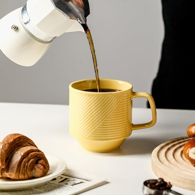 Stackable Coffee Mugs with Rack: 13 oz Stacking Ceramic Cups with Stand - Porcelain Stacked Tea Mug Set of 4 (Light Yellow)