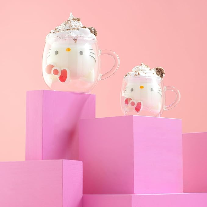 JoyJolt Hello Kitty 3D Espresso Cup, 5.5 oz Double Wall Glass Cup with 3D Design, Insulated Espresso Shot Glass, Kawaii Sanrio Cup for Double Shot Coffee or Tea, Hello Kitty Kitchen Stuff