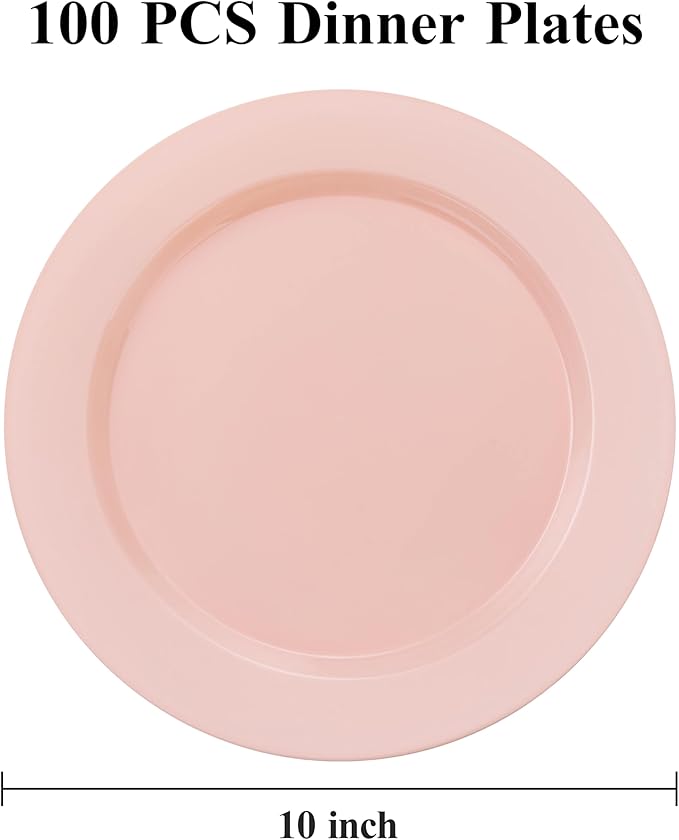 100PCS Pink Plastic Dinner Plates 10inch, Premium Hard Disposable Plates for Party, Wedding