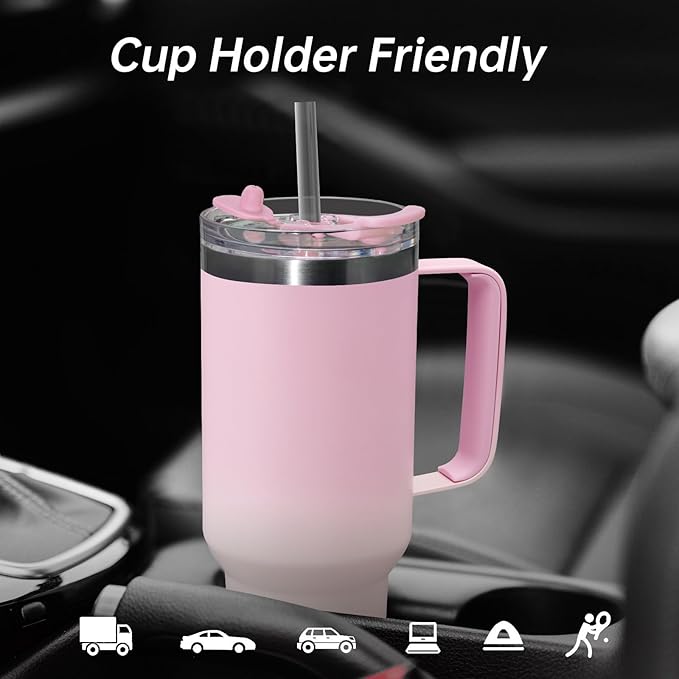 COKTIK 40 oz Tumbler With Handle and Straw, Insulated Tumbler With Leakproof Lids, Stainless Steel|BPA-Free, Cold for 24 H (Sakura)