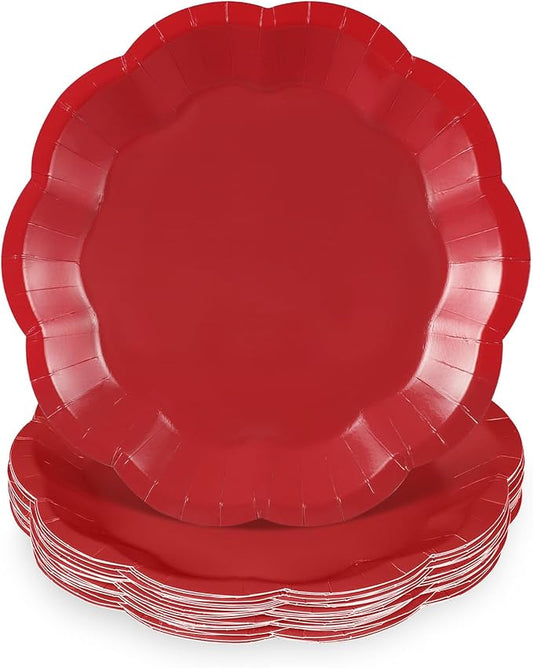 30 Pcs Red Paper Plates 7 Inch Red Scalloped Paper Plates Dessert Cake Plate for Mother's Day, Wedding, Birthday, Baby Shower, Bridal Shower