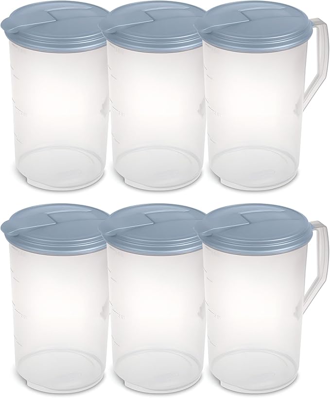 Sterilite 6 Pack 1 Gal Round Pitcher, Drink Dispenser Jug, Flip Tab Lid, Washed Blue