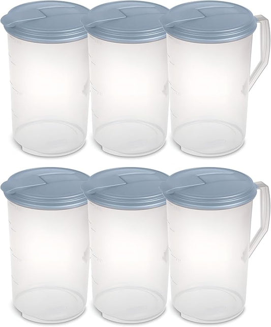 Sterilite 6 Pack 1 Gal Round Pitcher, Drink Dispenser Jug, Flip Tab Lid, Washed Blue