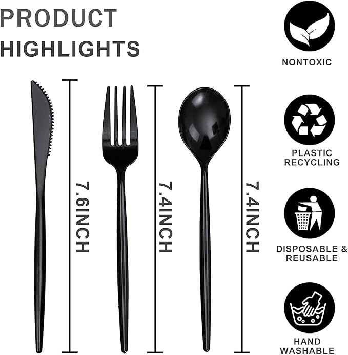 Rubtlamp 90Pcs Plastic Black Silverware, Graduation Disposable Cutlery, Utensils Heavy Duty include 30 Disposable Knives,60 plastic Forks and Spoons, Black Cutlery For Graduation Party