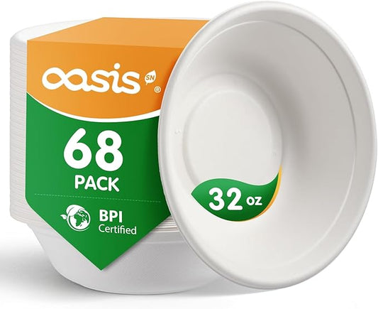 32 oz 68-Pack Large Compostable Paper Bowls, Disposable Meal Prep & Takeout Bowls, Heavy-Duty Bagasse Bowls for Ramen, Salad & Large Portions, Microwave & Freezer Safe, Eco-Friendly (White)