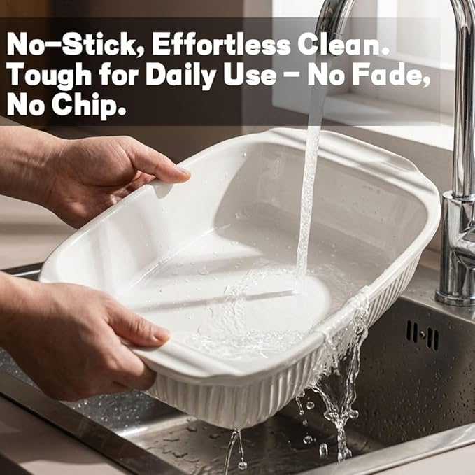Artena Baking Dish 5.1 Quarts, Casserole Dishes For Oven, Baking Pan With Handles, Lasagna Pan Deep, Large Casserole Dish, Rectangular White Ceramic Bakeware (Baking Dish With Rack)