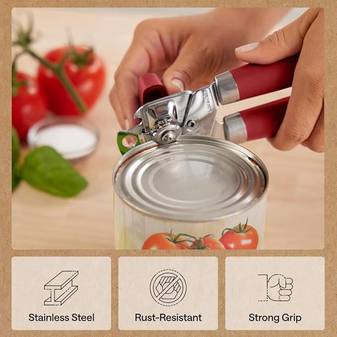 GORILLA GRIP Heavy Duty Stainless Steel Smooth Edge Manual Can Opener and Bottle Openers, Soft Comfortable Handle, Oversized Handheld Turn Knob, US Designed Multifunctional Kitchen Tool, Red