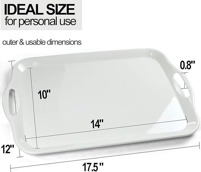 Large Melamine Serving Tray with Handles, 17.5 x 12 in Rectangular Melamine Serving Platter, Dishwasher Safe Trays for Eating, Appetizer, Charcuterie, Snack, Fruit, Desserts, Set of 2, White