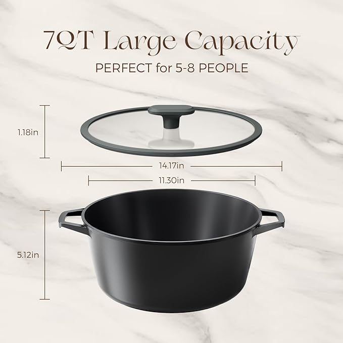 PRICUSIS Nonstick Stock Pot with Silicone Rim Tempered Glass Lid, 4.5/7 QT Soup Pot Casserole, Cooking Pot, Induction Compatible, Dishwasher & Oven Safe, Ideal for Pasta, Bake & Stews, Black Sesame