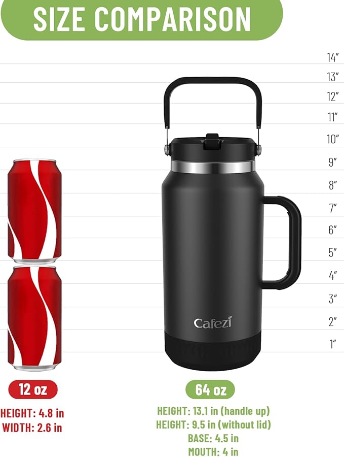 64oz Stainless Steel Water Bottle with Flip Straw - Leak-Proof, Sweat-Free, Top and Side Handle, Anti-Slip Base, Iced for 34 Hours, Dishwasher Safe - Water Jug for Sports Events, Beach Days