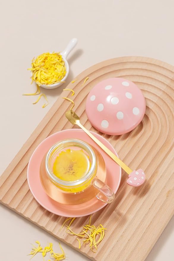 Mushroom Tea Cup Set, Cute Glass Tea Cups and Saucers, Kawaii Tea Cup with Infuser for Loose Leaf Tea Steeper, Coffee Mug Christmas Gifts for Women,Tea Infuser Mug with Lid for Mother Girls (Yellow)